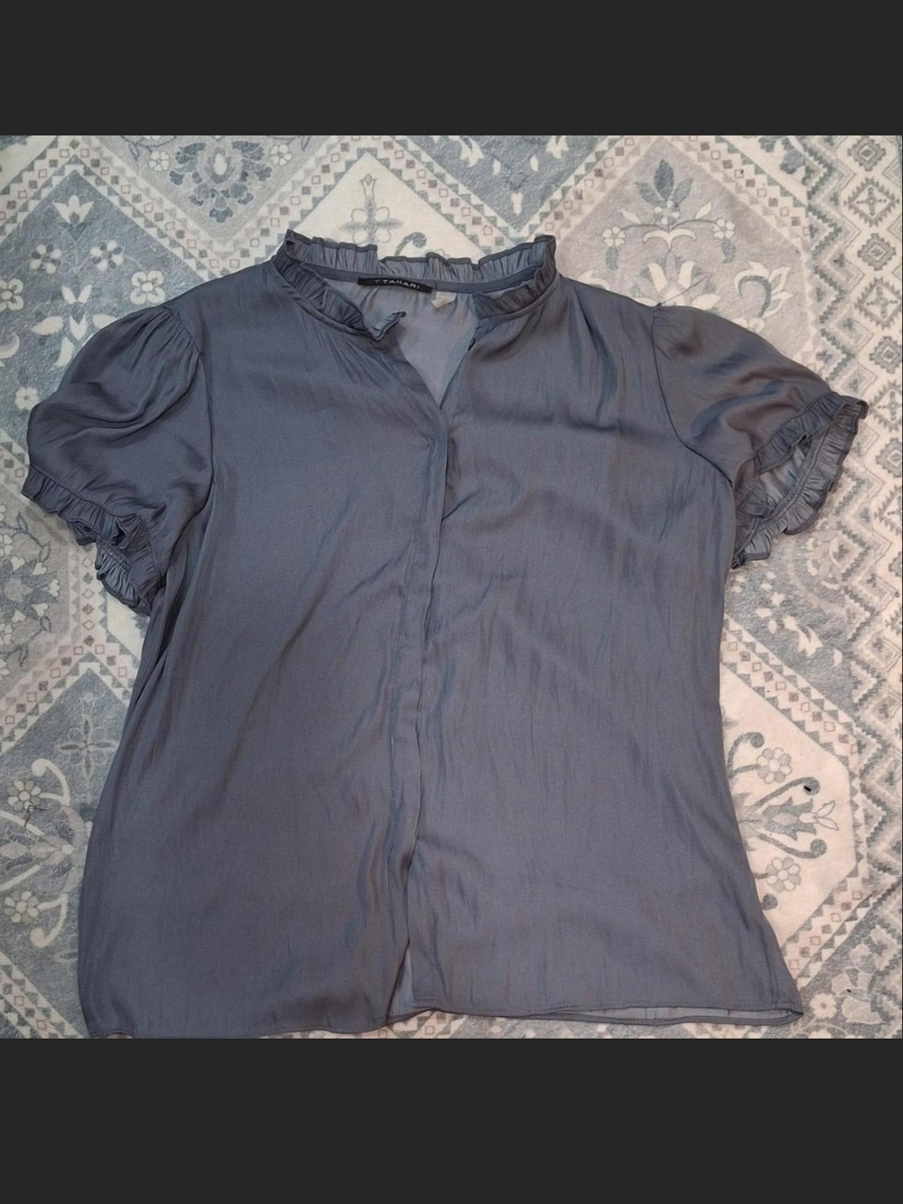 T Tahari Slate Blue Ruffle Collar Short-Sleeve Blouse